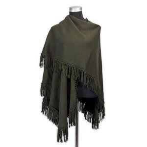 Dark Olive Green Shawl with Tassel Fringe Trim, Long Oversized Wrap, One Size